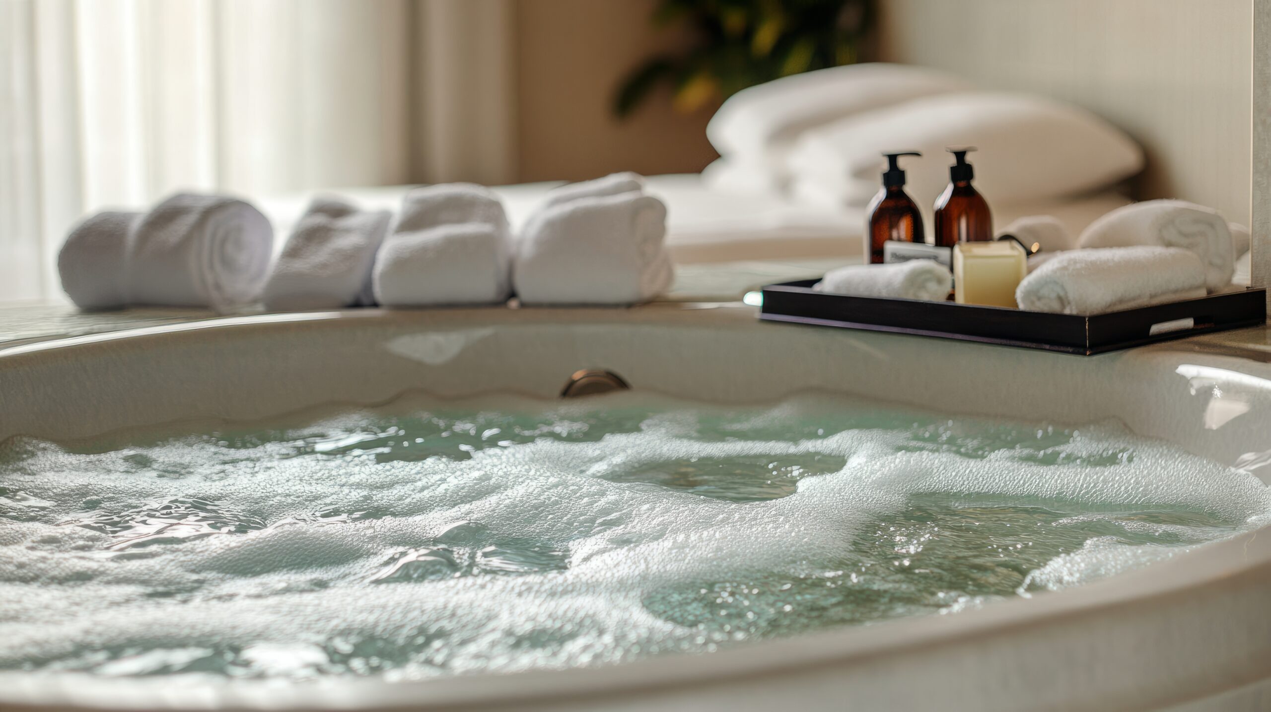 Close-up of a bubbling whirlpool tub with jets, surrounded by fresh towels and a tray of luxury bath products in a high-end suite