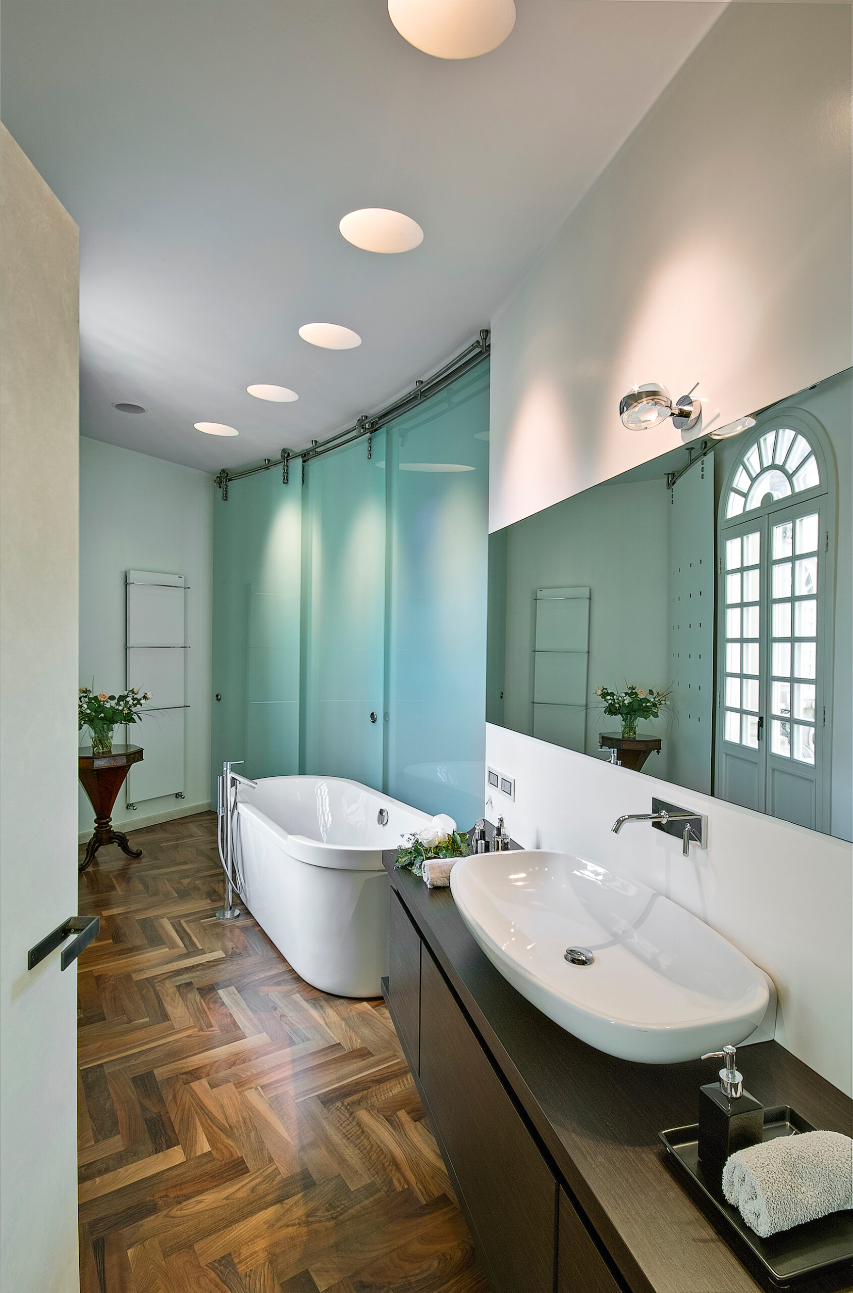 interior view of modern bathroom in foreground the washbasin